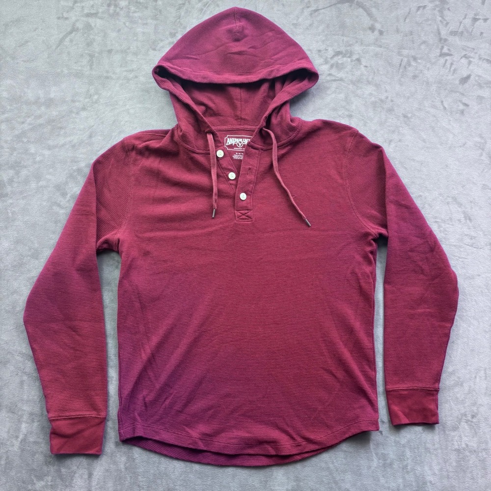 American Eagle Mens Waffle Knit Henley Hoodie Burgundy Maroon Size M Y2K